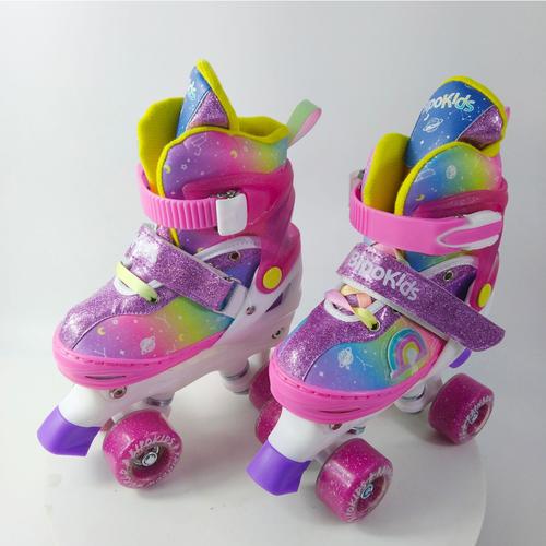 卡通彩虹女儿童双排轮滑溜冰鞋pvc旱冰鞋大四轮现货厂家批发